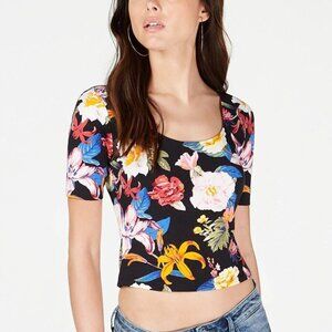 Guess Floral Black Short Sleeve Scoop Neck Top